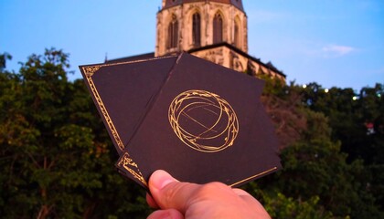 Dark cards with gold design, held against a church backdrop