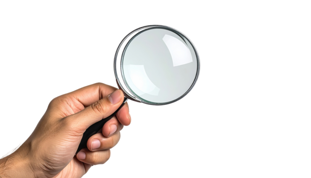 A hand holding a magnifying glass against a black background.  The magnifying glass is clear, and the hand is visible