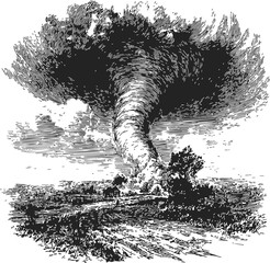 Fototapeta premium Tornado sketch hand drawn rural landscape with swirling funnel cloud — stock vector