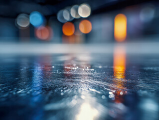 Shiny wet floor surface reflecting colorful blurred urban lights in a low angle perspective during night time ambiance