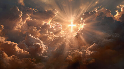 Radiant glowing cross shining through dramatic golden clouds with sun rays illuminating a mystical heavenly sky at sunset or sunrise atmosphere