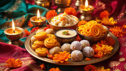Traditional Indian sweets platter, Dussehra celebration thali, festive desserts with marigold flowers, diya lamps, colorful fabric decor, spiritual food offering, Hindu festival arrangement, sacred ri
