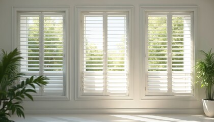 Fototapeta premium Sunlight streams through white plantation shutters, illuminating bright, warm interior. Natural light creates soft shadows, revealing lush garden view with trees. Minimalist, cosy home decor design.