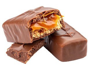 Two chocolate caramel bars stacked, one broken open to show the filling