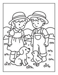 Happy Farm Animal Coloring Book, Cute Cows by the Barnyard, Playful Goats on the Farm, Little Ponies with Big Smiles, Peaceful Countryside Scenes, Fun & Easy Coloring for Kids , line art vector 