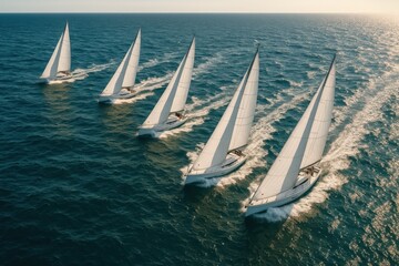 Aerial drone panorama of sleek racing sailboats carving white wakes across deep blue ocean in strong wind dynamic regatta composition