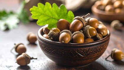 Acorns in a rustic bowl