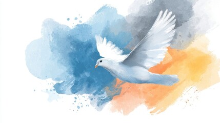 Naklejka premium Beautiful white dove flying with watercolor splash background in soft pastel colors.
