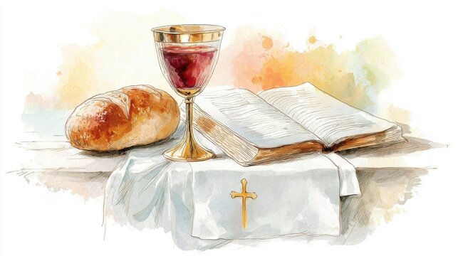 Religious altar setting with a glass of wine open Bible bread and cloth with cross.