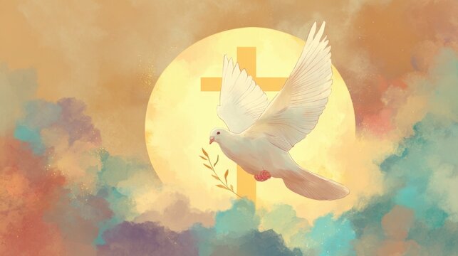 Artistic depiction of a white dove flying in front of a glowing sun with clouds and religious symbol.