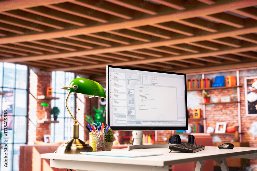 Wall mural ui on pc screen in home office with programming code being executed. coding application on computer 