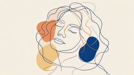 Abstract continuous line art portrait of a woman's face with colorful shading and flowing hair.