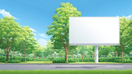 Large empty outdoor blank billboard sign in a lush green park with trees and blue sky.