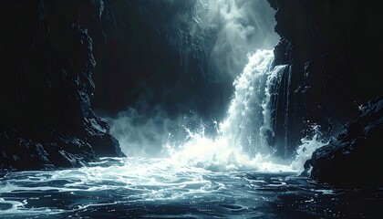 Dark cave waterfall scene