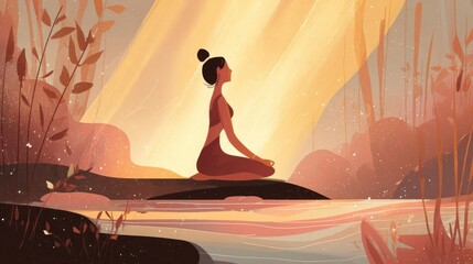 Tranquil woman meditating on a rock by a calm river during sunset in a peaceful natural setting.
