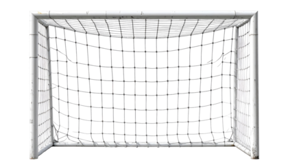 Soccer goal, top-down view.  White frame, net with grid pattern