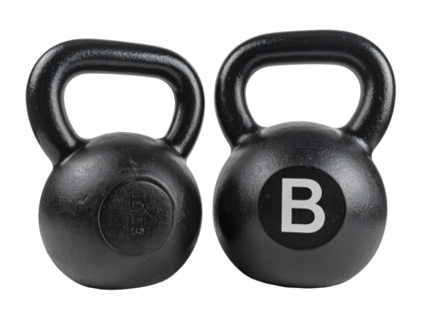Two black kettlebells, side-by-side, feature rounded weights and  handles.  A capital "B" is visible on each