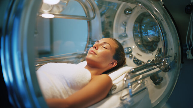 Hyperbaric oxygen therapy for wound healing and life longevity. Person using HBOT chamber for skin rejuvenation	

