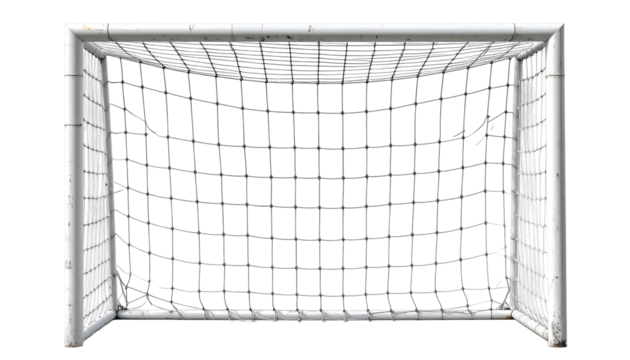 Soccer goal, top-down view.  White frame, net with grid pattern