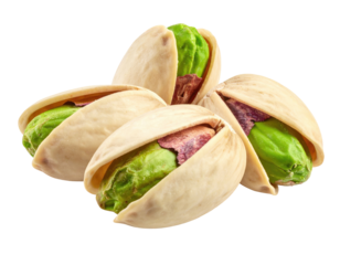 Close-up of four pistachios in shells, light beige color, green inner parts