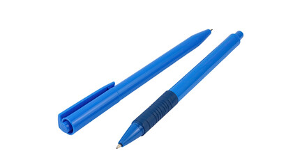 Two blue pens, one with a textured grip, lie side-by-side