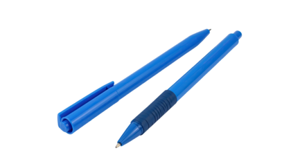 Two blue pens, one with a textured grip, lie side-by-side