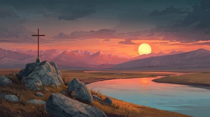 Scenic landscape with cross on rocky hill overlooking river during colorful sunset.