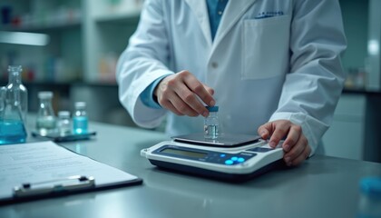 Scientist in lab coat weighs sample vial on digital scale. Precision measurement in research lab setting. Technician uses scientific apparatus for analysis, chemistry experiment, study. Accurate