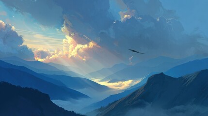 Majestic mountain landscape with vibrant sunset sky, dramatic clouds, and soaring bird.