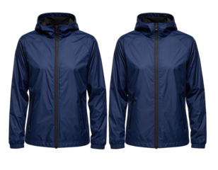 Two navy blue lightweight zip-up jackets with hoods