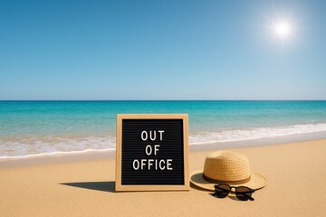 Letter board with out of office message on sandy beach near turquoise sea straw hat and sunglasses sunny vacation vibe with copy space for travel ads