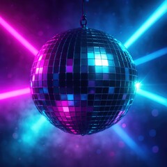 Obraz premium Neon disco ball sparkles across electric dance floor with vibrant laser beams and haze dramatic retro party vibe in widescreen cinematic lighting