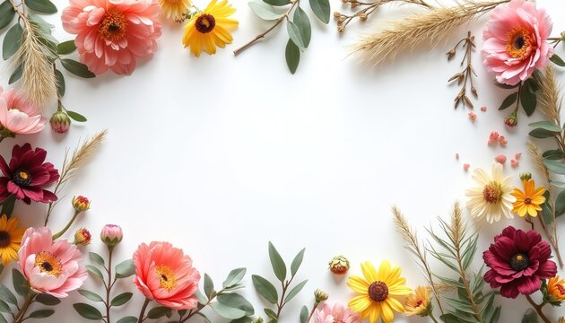 Floral frame with pink, coral, yellow, burgundy flowers, eucalyptus leaves, dried grass accents on clean white background. Decorative border perfect for wedding invitations, greeting cards, posters,