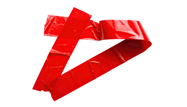 Red tape, crumpled and overlapping, forms an abstract shape against a black background.  The edges of the tape are highlighted in white