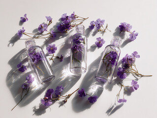 Elegant glass bottles surrounded by delicate purple flowers.