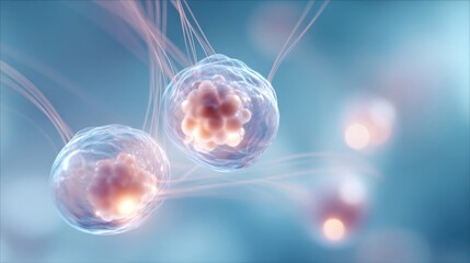 Obraz premium Highly detailed digital illustration of human cells with glowing nuclei and connecting fibers.