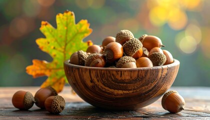 Acrons in wooden bowl, autumnal