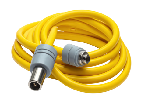 Coiled yellow electrical cable with gray connectors