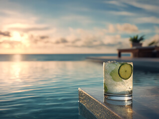 Refreshing drink by the pool with a stunning sunset backdrop.
