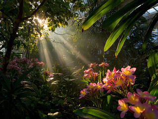 Sunlight filtering through lush greenery and vibrant flowers.