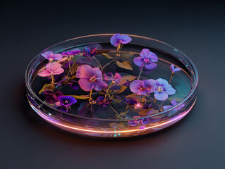Illuminated flowers in a petri dish, showcasing nature's beauty.