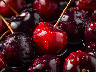 Fresh cherries glistening with water, showcasing their vibrant colors.