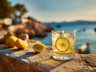 Refreshing lemon drink on a sunny coast, perfect for summer.