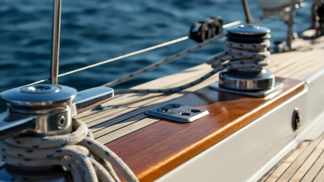 Close-up of polished winches on a sailboat deck, with shimmering water in the background
