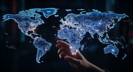 Geographic data visualization. A hand interacts with a holographic world map where countries glow with different intensities to represent sales volumes.