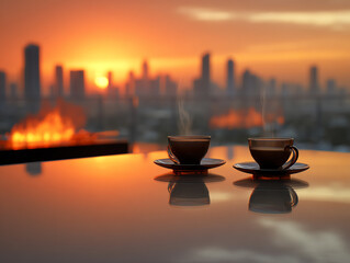 Two steaming coffee cups against a stunning sunset skyline.