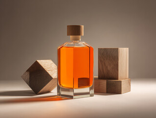 Stylish amber drink in a glass bottle with wooden accents.