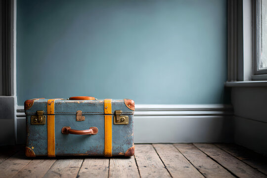 A timeless vintage suitcase resting on a wooden floor, inviting memories of travel and adventure.