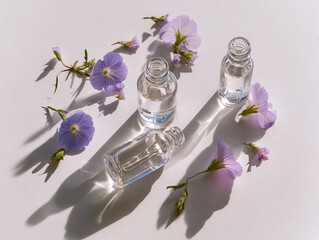 Elegant glass bottles surrounded by delicate purple flowers.