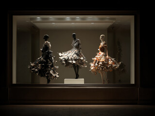 Elegant fashion mannequins showcase unique, artistic dresses.